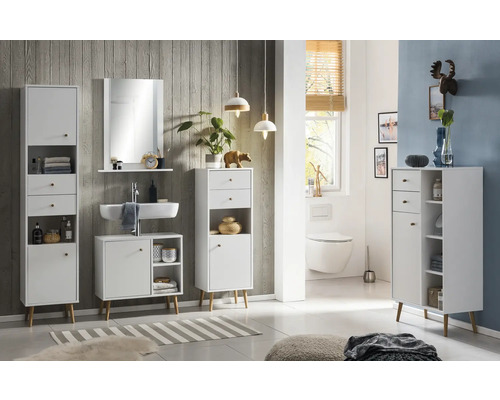 Modernes Badezimmer mit weißen Möbeln, Waschbecken und Spiegel