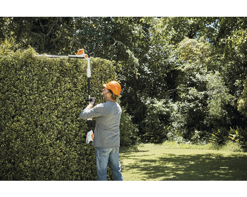 Eine Person schneidet eine Hecke mit einer Akku-Heckenschere mit Teleskopstiel.