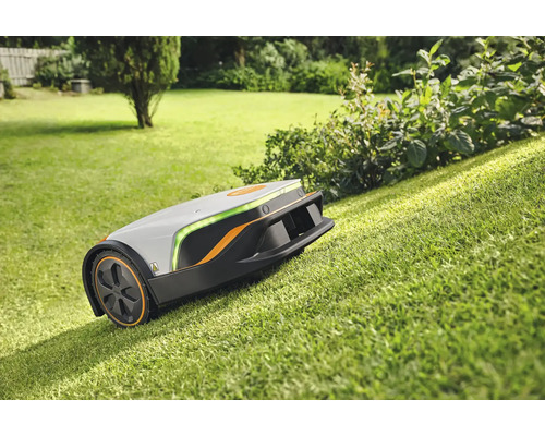 Rasenmähroboter auf einer Rasenfläche