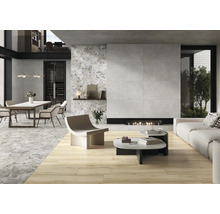 Modernes Wohnzimmer mit Fliesenboden, Esstisch und Kamin