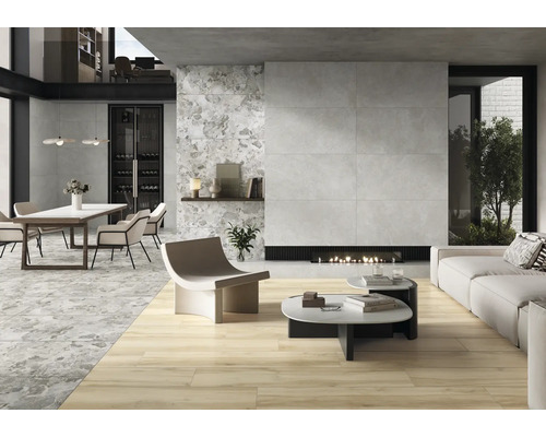 Modernes Wohnzimmer mit Fliesenboden, Esstisch und Kamin