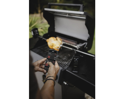 Mann bedient Grill mit Smartphone-App, Grillgut auf Spieß