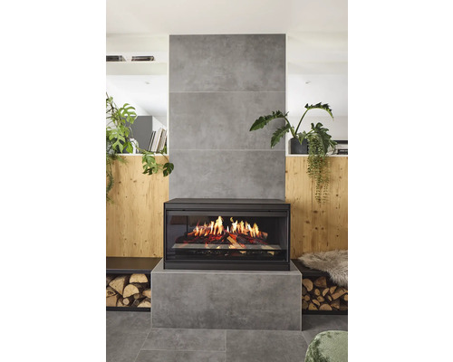 Wohnzimmer mit modernem Kamin, Holzscheiten und Zimmerpflanzen