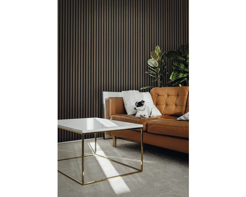 Wohnzimmer mit Holzpaneelwand, Ledersofa, Couchtisch und Hund