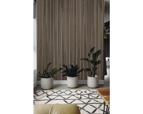 Wohnraum mit Holzpaneelwand, Zimmerpflanzen und Teppich