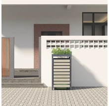 Mülltonnenbox mit Pflanzschale vor einem Haus