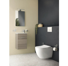 Modernes Badezimmer mit Waschbeckenunterschrank, Spiegel, Wand-WC und Aufbewahrung