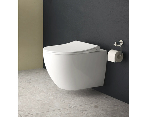 Wandhängendes WC mit Toilettenpapierhalter im Badezimmer.