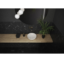 Modernes Badezimmer mit dunklen Fliesen, Holzwaschtisch und Aufsatzwaschbecken
