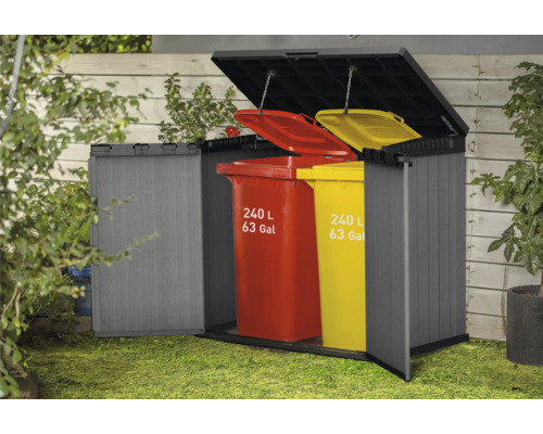 Mülltonnenbox mit geöffnetem Deckel und zwei Mülltonnen