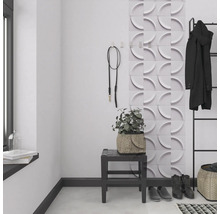 Eingangsbereich mit Garderobe, Pflanze, Hocker, Schuhen und dekorativer Wandverkleidung.