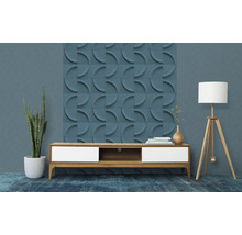 Wohnzimmer mit dreidimensionalen Wandpaneelen, Sideboard und Stehlampe
