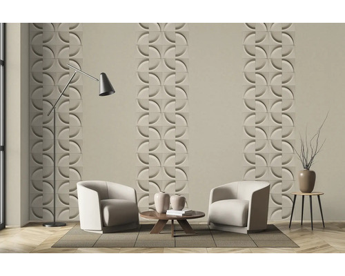 Wohnraum mit 3D Wandpaneelen, Sesseln, Stehlampe und Beistelltisch für moderne Raumgestaltung