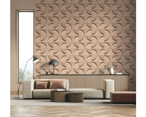 Wohnzimmer mit 3D Wandpaneelen, Sofa und Beleuchtung