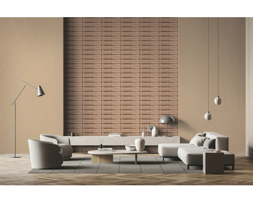 Wohnzimmer mit Sofa, Sesseln, Couchtisch, Stehlampe, Pendelleuchten und Wandpaneelen für ein modernes Interieur