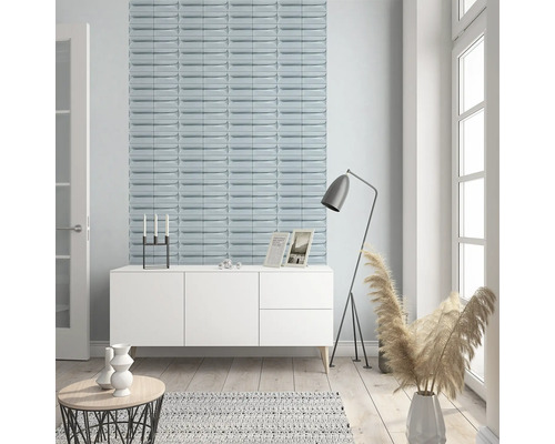 Wohnraum mit keramischen 3D-Wandfliesen in heller Farbe