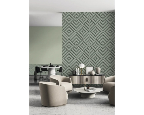 Wohnzimmer mit dreidimensionaler Wandpaneele mit geometrischem Muster