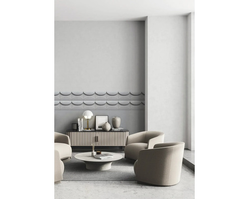 Wohnzimmer mit Möbeln, Wandfliesen in Halbmondform und Teppich