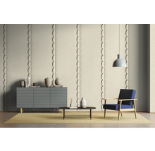 Wohnzimmer mit dreidimensionalen Wandpaneelen, Kommode, Sessel und Teppich