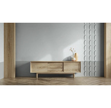 Wohnzimmer mit Sideboard, Vasen und Wandpaneelen