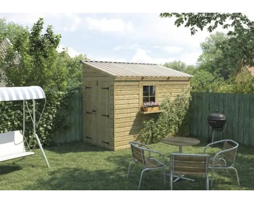 Gartenszene mit Holzgartenhaus, Gartenmöbeln und Grill