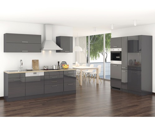 Held Möbel Küchenzeile mit Geräten Mailand 390 cm grau hochglanz zerlegt Variante reversibel