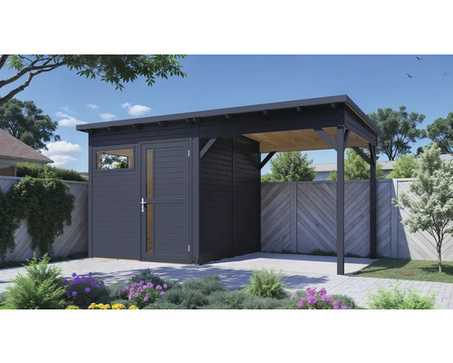Gartenhaus Bertilo Pentus 2 inkl. Fußboden, Schleppdach 470 x 266 cm anthrazit Gartenhaus mit Anbau aus Holz im Garten