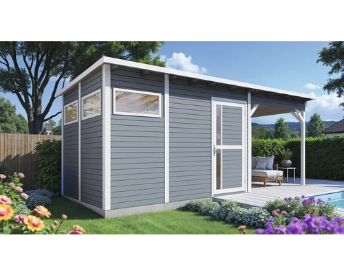 Gartenhaus Bertilo Pentus 3L inkl. Fußboden, Schleppdach 582 x 266 cm hellgrau Grauer Geräteschuppen mit Fenstern, Tür und überdachter Terrasse im Garten
