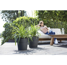 Zwei schwarze Pflanzgefäße mit Pflanzen auf einer Terrasse mit einer Frau, die sich auf einem Sofa entspannt