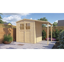 Gartenhaus aus Holz mit Doppeltür und kleinem Vordach im Garten