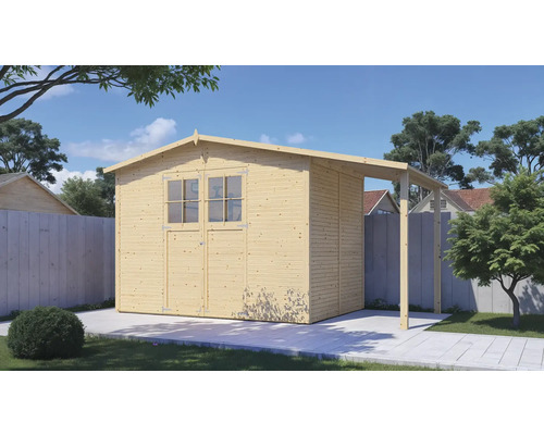 Holzgartenhaus mit Vordach im Garten