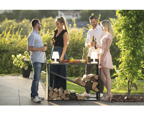 Gesellschaft mit Getränken an Stehtisch mit Holzfach im Garten