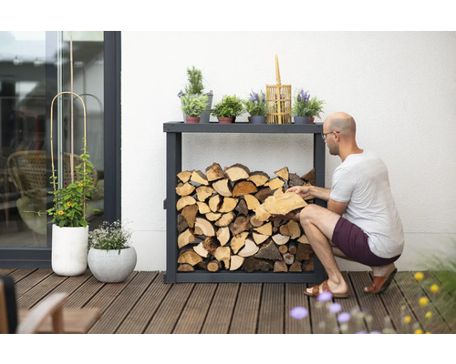 Holzregal gefüllt mit Brennholz, dekoriert mit verschiedenen Pflanzen im Außenbereich