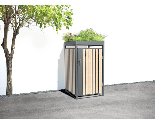 Mülltonnenbox WESTMANN Planta 1 mit Pflanzdach 68 x 84 x 124,5 cm grau-Holzoptik Mülltonnenbox mit Pflanzen auf der Oberseite im Außenbereich