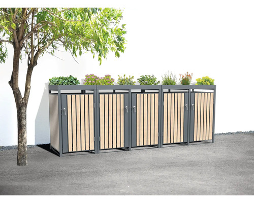 Mülltonnenbox WESTMANN Planta 5 mit Pflanzdach 332 x 84 x 124,5 cm grau-Holzoptik Mülltonnenbox für mehrere Mülltonnen mit Bepflanzung auf dem Dach