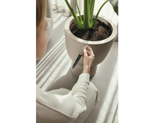 Frau misst die Bodenfeuchtigkeit in einem Blumentopf mit einem Feuchtigkeitsmesser.