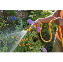 Bewässerung von Blumen mit einem Gartenschlauch und Sprühdüse