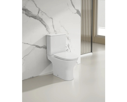 Weißes Stand-WC vor einer Wand mit Marmorstruktur