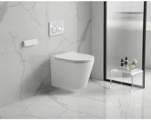 Helles Badezimmer mit wandhängendem WC, Betätigungsplatte und Duschwand