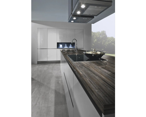 Moderne Küche mit Kochinsel, Dunstabzugshaube und Einbauschränken