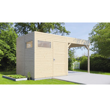 Holzgartenhaus mit Fenster, Tür und Carport