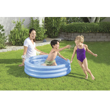 Aufblasbares Planschbecken mit spielenden Kindern und einer Frau im Garten.