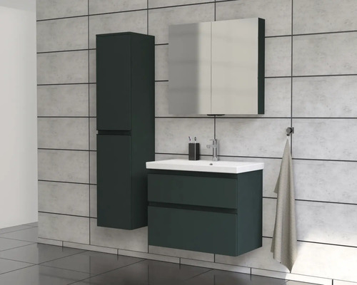 Badezimmer mit Waschbeckenunterschrank, Spiegelschrank und Hochschrank