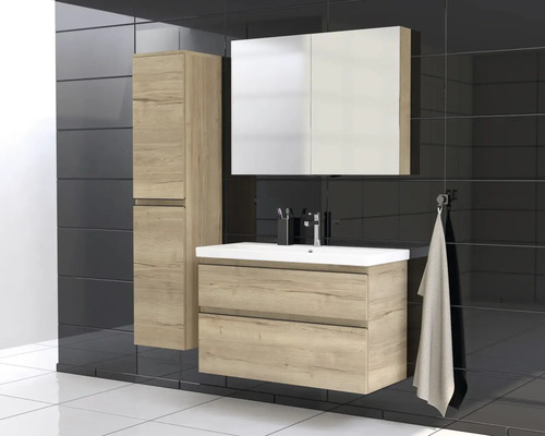 Modernes Badezimmer-Set mit Waschtisch, Spiegelschrank und Hochschrank
