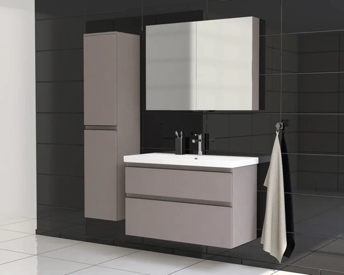 Badezimmer mit Waschbeckenunterschrank, Spiegelschrank und Hochschrank