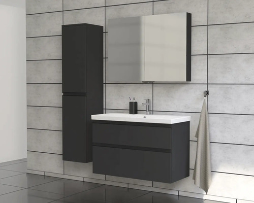 Badezimmer mit Waschtischunterschrank, Spiegelschrank und Hochschrank