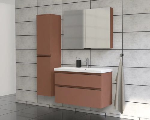 Badezimmer mit Waschbeckenunterschrank, Spiegelschrank und Hochschrank