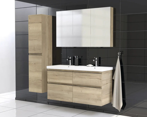 Badezimmer-Set mit Waschtischunterschrank, Spiegelschrank und Hochschrank im modernen Design