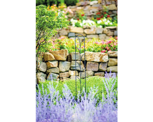 Gartenszene mit Pflanzenstütze vor Steinmauer