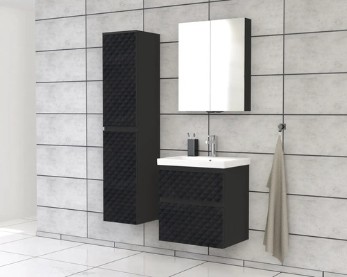 Badezimmer mit Waschbeckenunterschrank, Spiegelschrank und Hochschrank in modernem Design